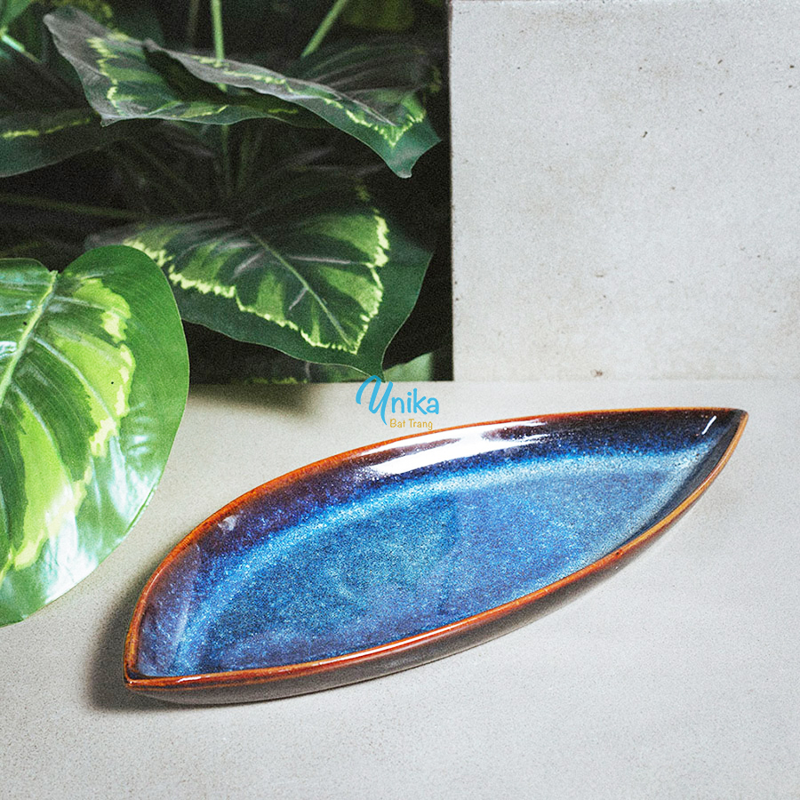 Khay quả xoài D31xR13cm men xanh hỏa biến - Đĩa hình trái xoài men xanh sóng biển - Gốm Unika