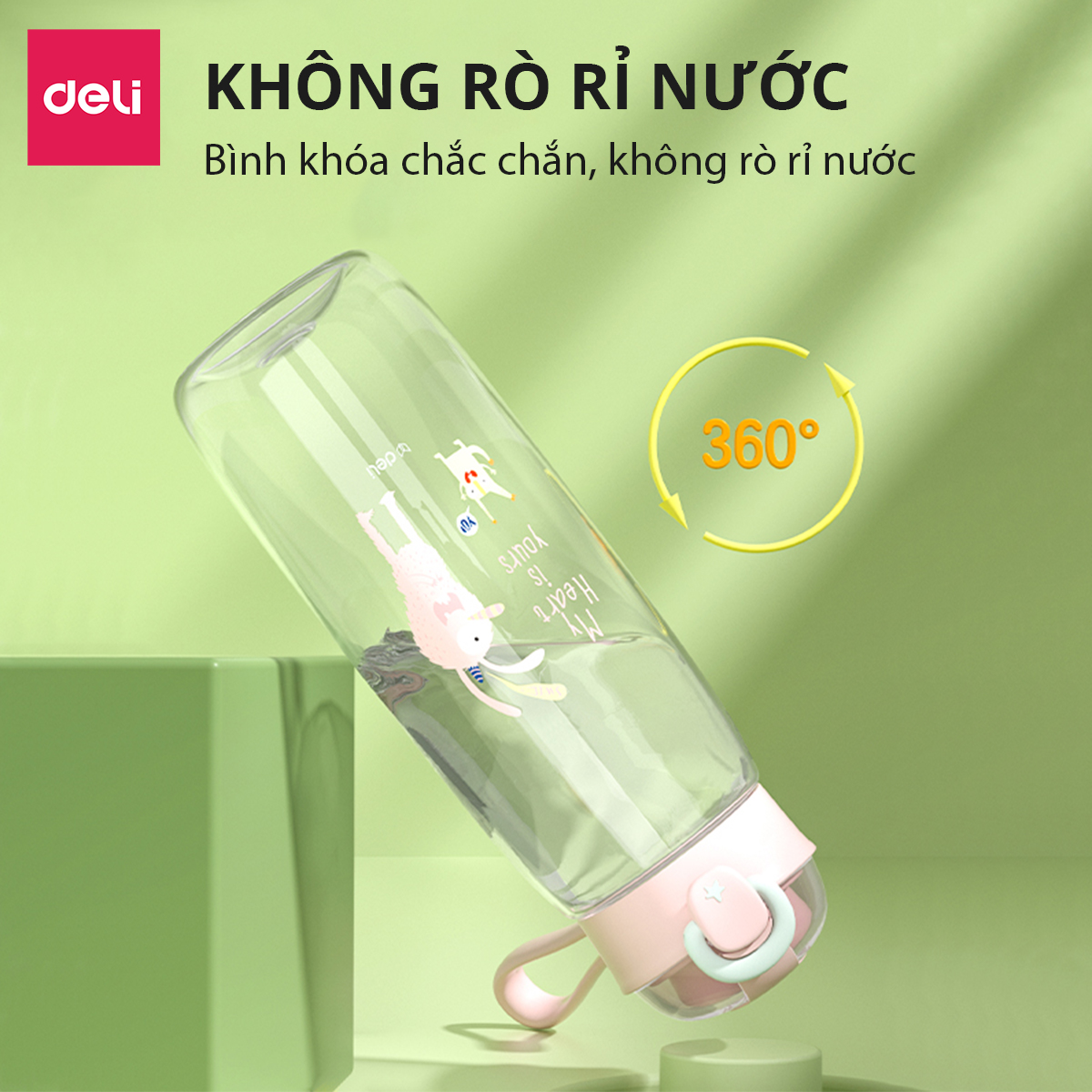 Bình Nước Bằng Nhựa Tritan Nắp Bật 480 600 ml Có Chia Vạch Nước Họa Tiết Dễ Thương Deli - BPA Free An Toàn Cho Sức Khỏe - Phù Hợp Bình Nước Thể Thao Cho Bé Tới Trường - 17661 17662