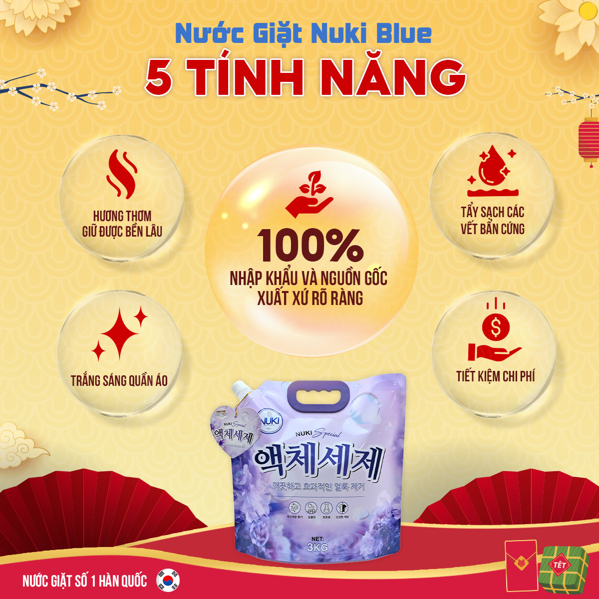 Túi Nước Giặt Hàn Quốc Nuki Special 3kg Hương Nắng Mai Thơm Dịu Nhẹ, Mềm Vải Không Gây Kích Ứng An Toàn Với Làn Da.