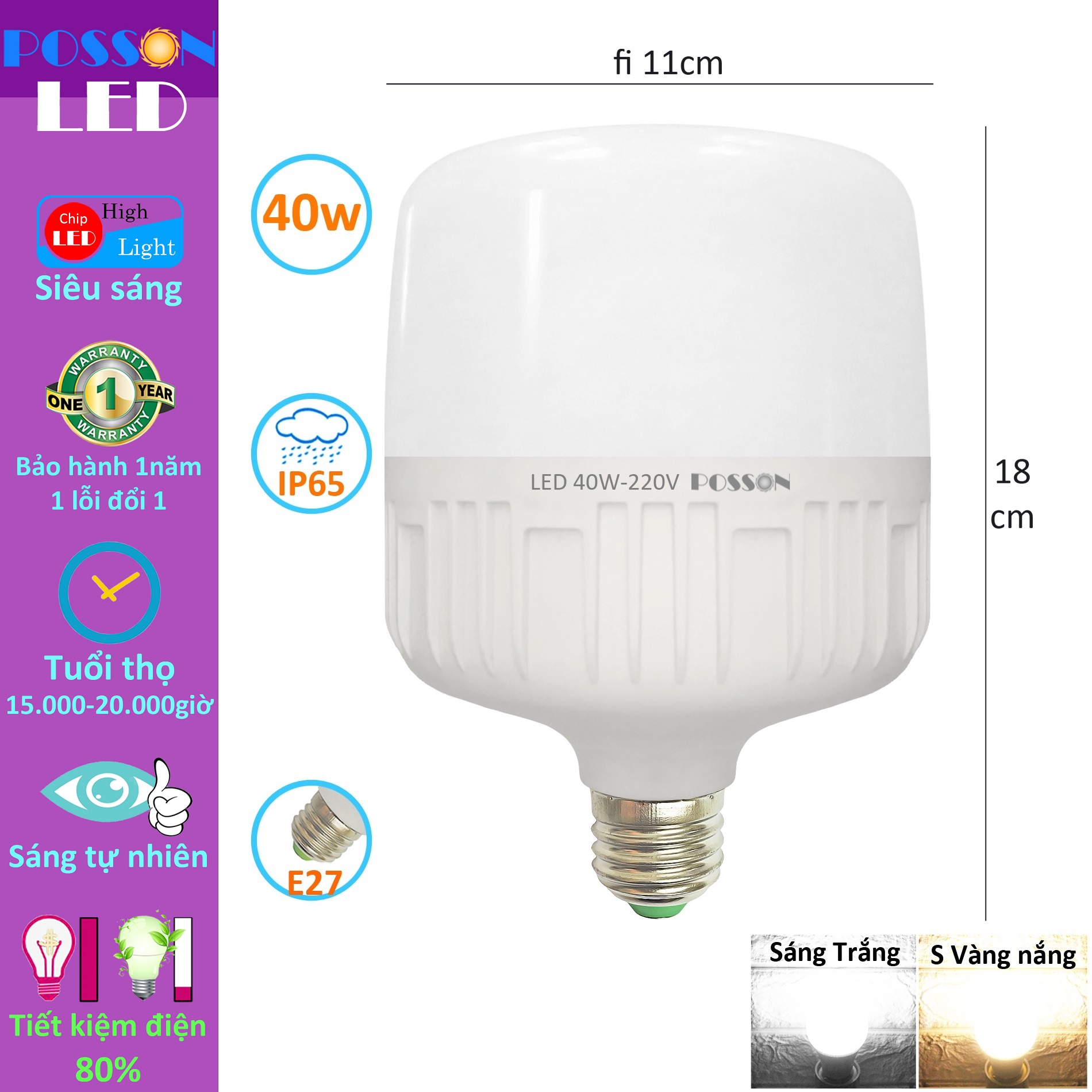Sỉ 50 Bóng đèn Led trụ 40w bup trụ T110 siêu sáng tiết kiệm điện thân kín chống nước mưa Posson LC-40x