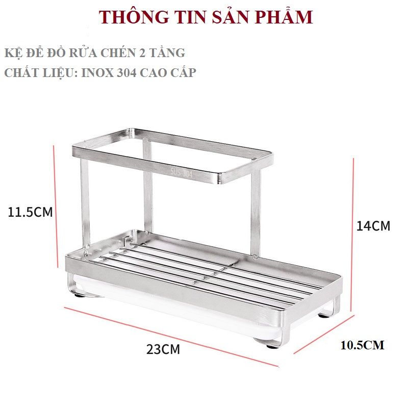 Kệ để dụng cụ rửa chén bát 2 tầng Inox 304 cao cấp có khay thoát nước tặng keo dán tường siêu dính