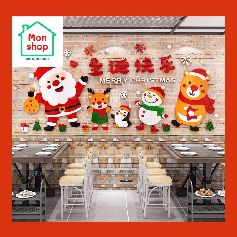 Decal dán tường trang trí Giáng Sinh hình ông già Noel cùng chú tuần lộc, người Tuyết, trang trí cửa kính cửa hàng