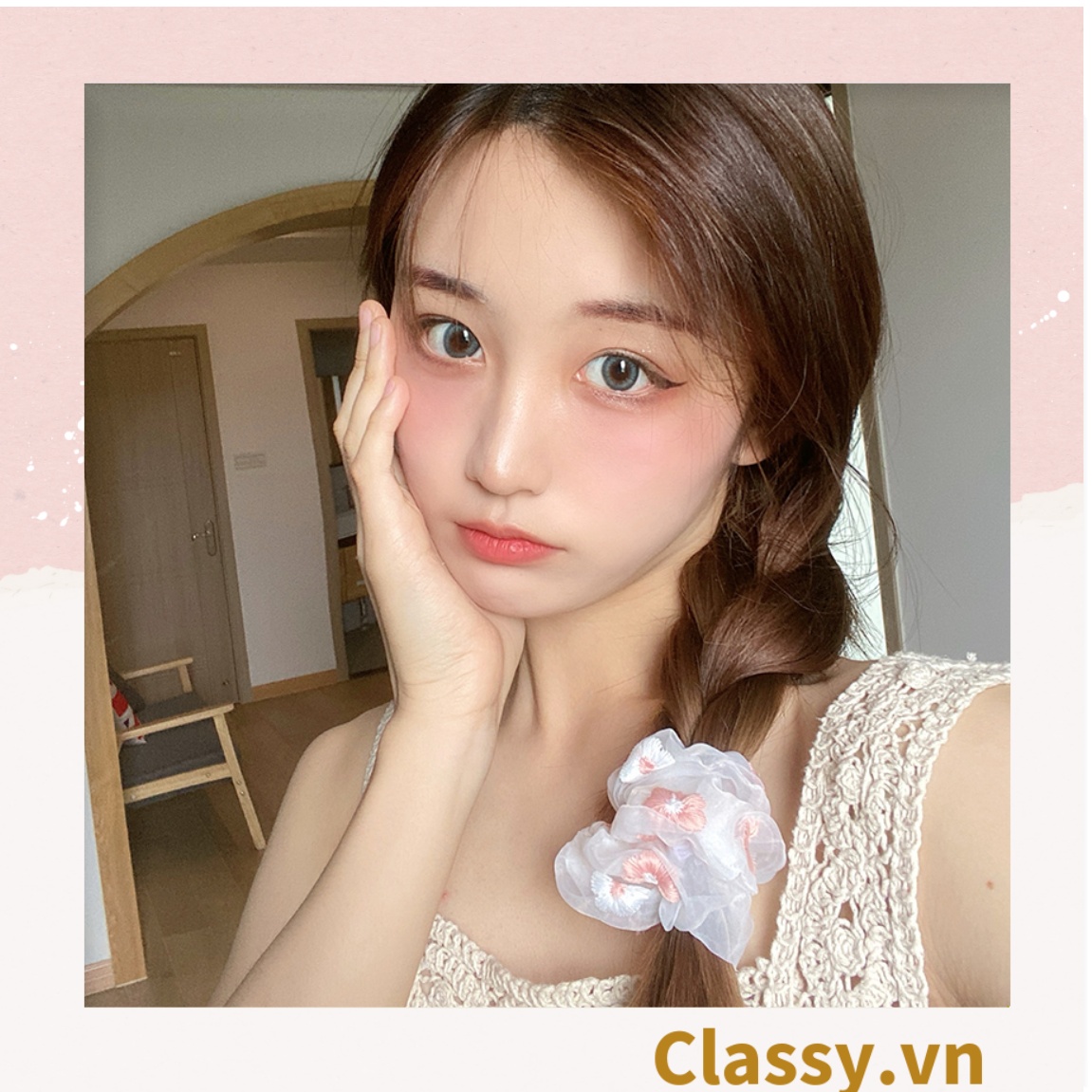 Dây cột tóc Scrunchies vải trong suốt thêu hoa