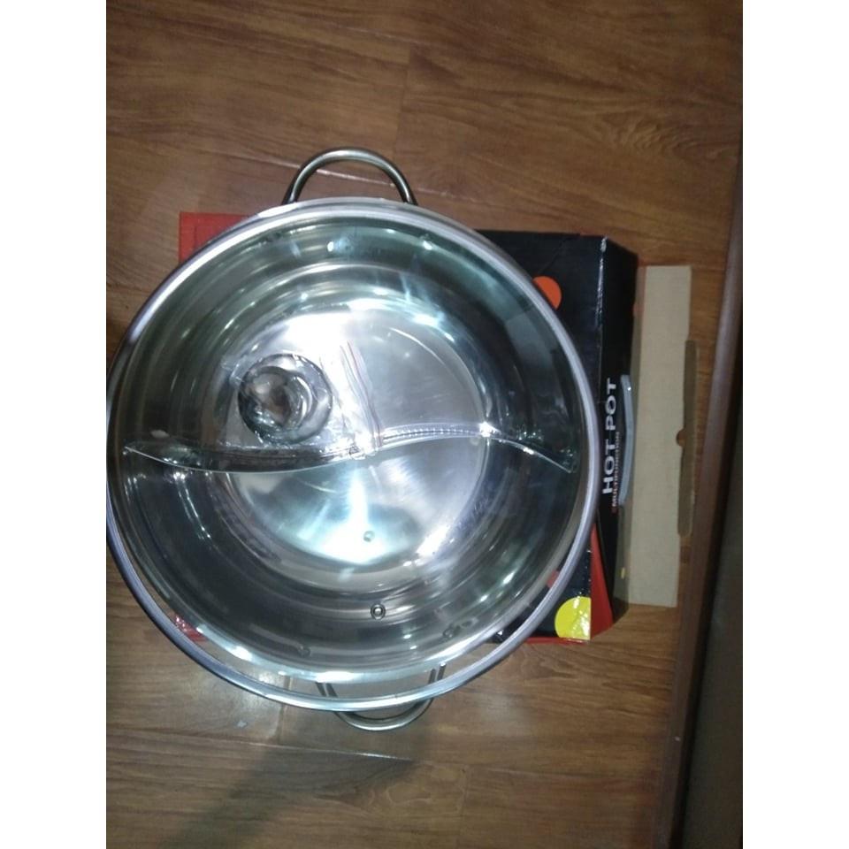 Nồi Lẩu Hai Ngăn Inox Nấu Được Bếp Từ Có Nắp Kính