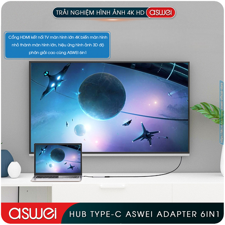 Hub Type C ASWEI 6 in 1 To HDMI, USB 3.0, SD, TF, PD - Hub Chuyển Đổi USB Type C 6 Cổng - Cổng Chia USB, Ổ Chia USB Tốc Độ Cao Dành Cho MacBook, Tivi, Laptop, PC, Máy Tính Bảng, Smartphone – Hàng Chính Hãng