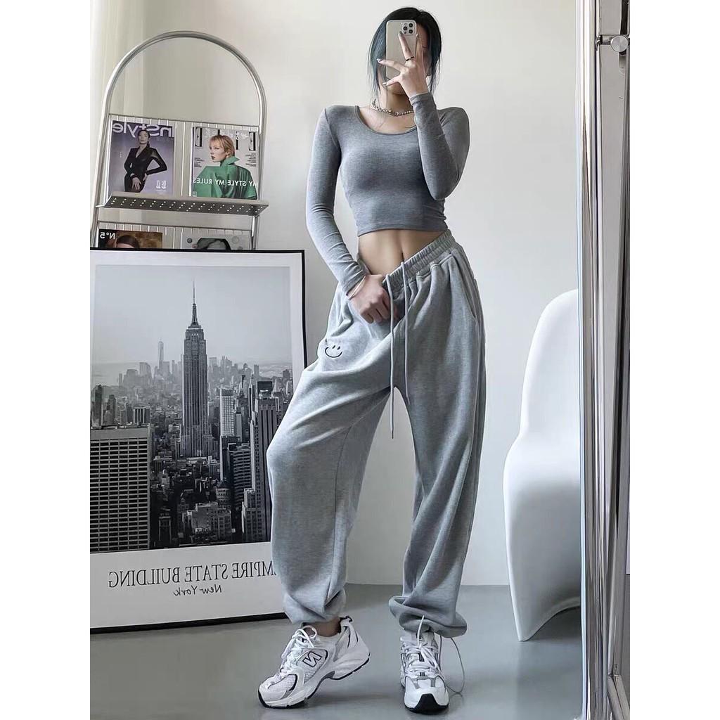 Quần jogger nữ Mặt Cười đen trắng ghi xanhunisex cap cao ống suông rông bo gấu