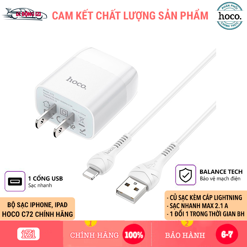 Bộ Sạc Hoco C72 Cho iPhone, iPad.,.. - Sạc Nhanh Tối Đa 2.1 A, Bảo Vệ Mạch Điện - Hàng Chính Hãng