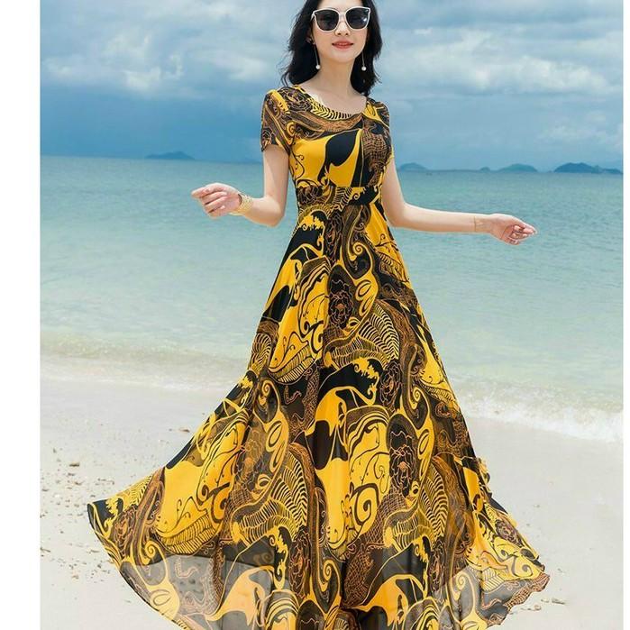 Váy Xòe Nữ Đi Biển, Đầm Maxi Dáng Dài Xòe Cổ Tròn Họa Tiết Thanh Lịch 2 Lớp Chất Voan Lụa Cao Cấp