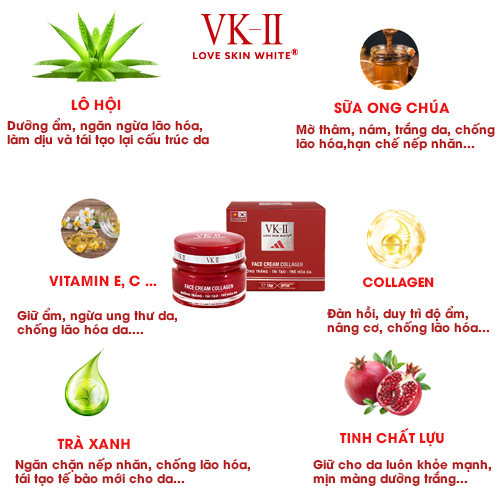 Kem dưỡng trắng, tái tạo và trẻ hóa da VK-II Love Skin White Face Cream Collagen 10g