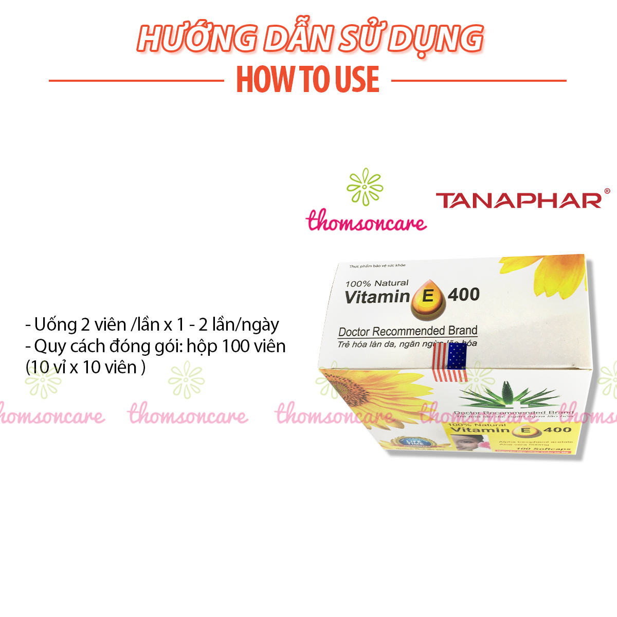 Viên uống Vitamin E 400 hướng dương - Giúp làm đẹp da, ngăn ngừa lão hóa, tốt cho sinh lý, giúp tóc chắc khỏe - Hộp 100v
