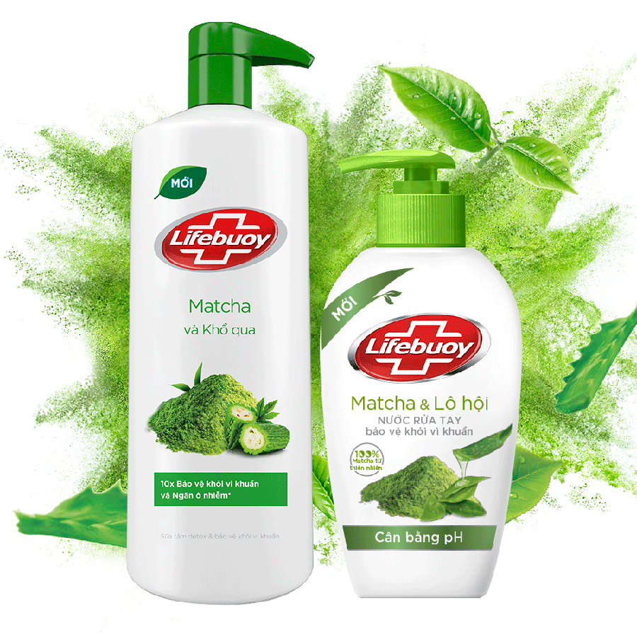 Combo Lifebuoy Sữa Tắm Matcha Và Khổ Qua (850g) + Nước Rửa Tay Matcha Và Nha Đam (180g)