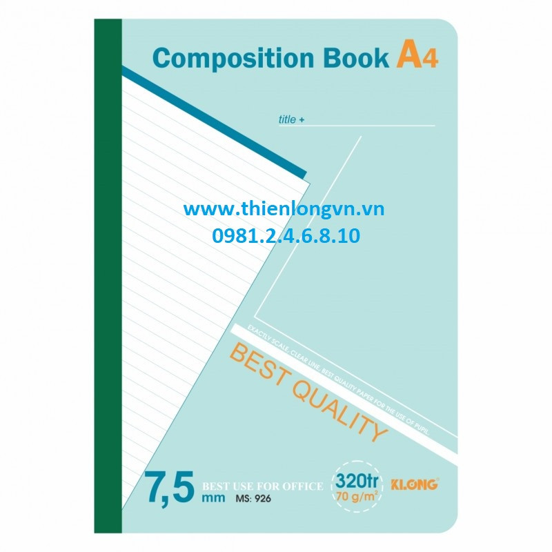 Sổ may dán gáy A4 - 320 trang; Klong 926 bìa xanh lá