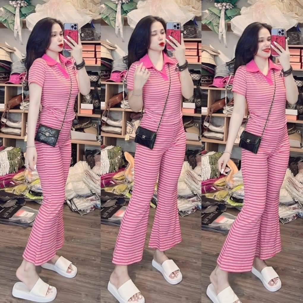 Sét Bộ Thun Sọc Áo Có Cổ Quần Dài Ồn Loe Cao Cấp Rẻ Đẹp