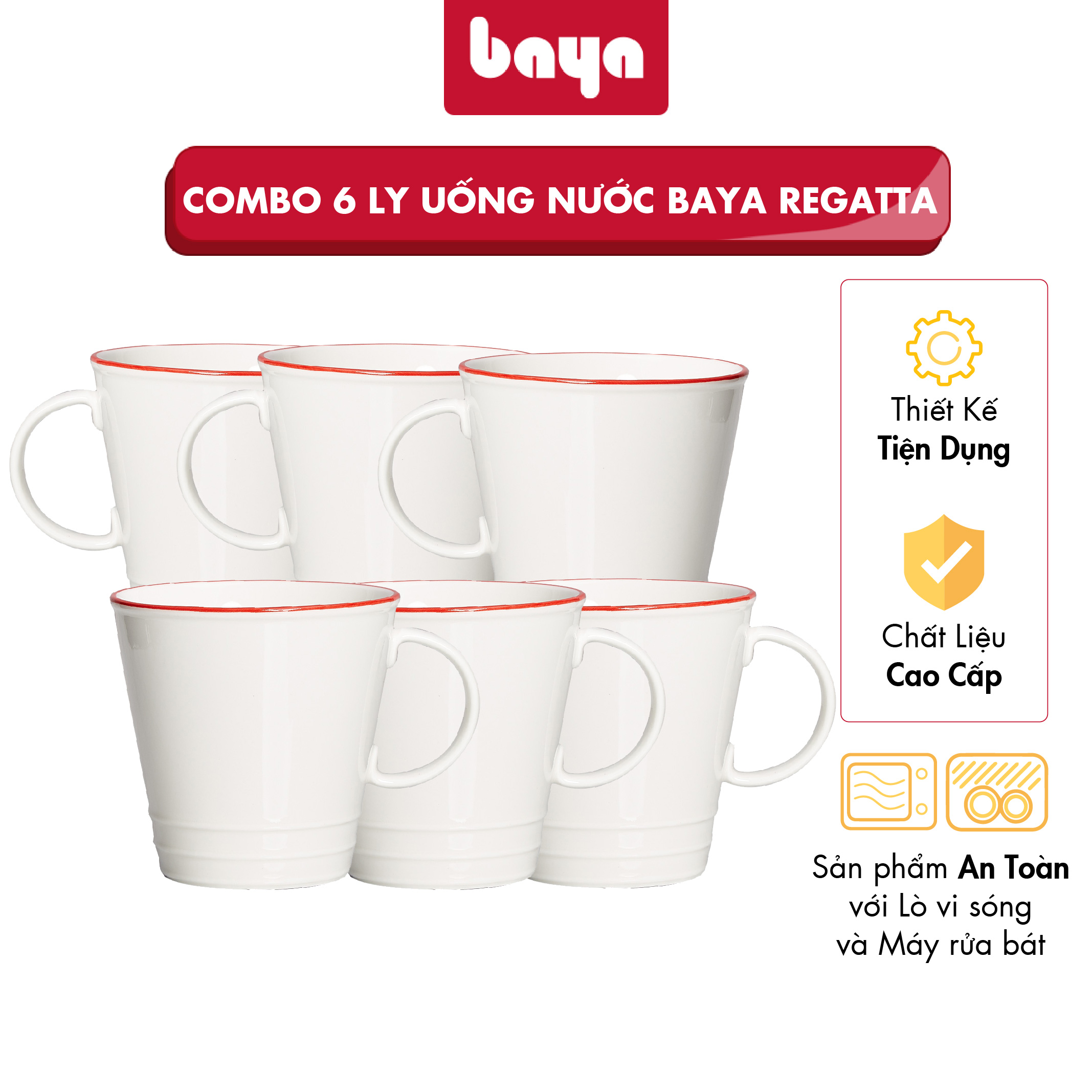 Bộ 6 Ly Cốc Sứ Uống Trà, Cà Phê BAYA REGATTA Chất Liệu Sứ Trắng Tráng Men Bóng Viền Đỏ Cao Cấp, Dễ Dàng Vệ Sinh 6000250