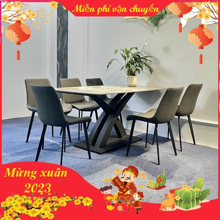 Bộ bàn ăn chữ X  6 ghế nhập khẩu, mặt bàn chữ nhật đá CERAMIC cao cấp, khung sắt sơn tĩnh - Bảo hành 12 tháng