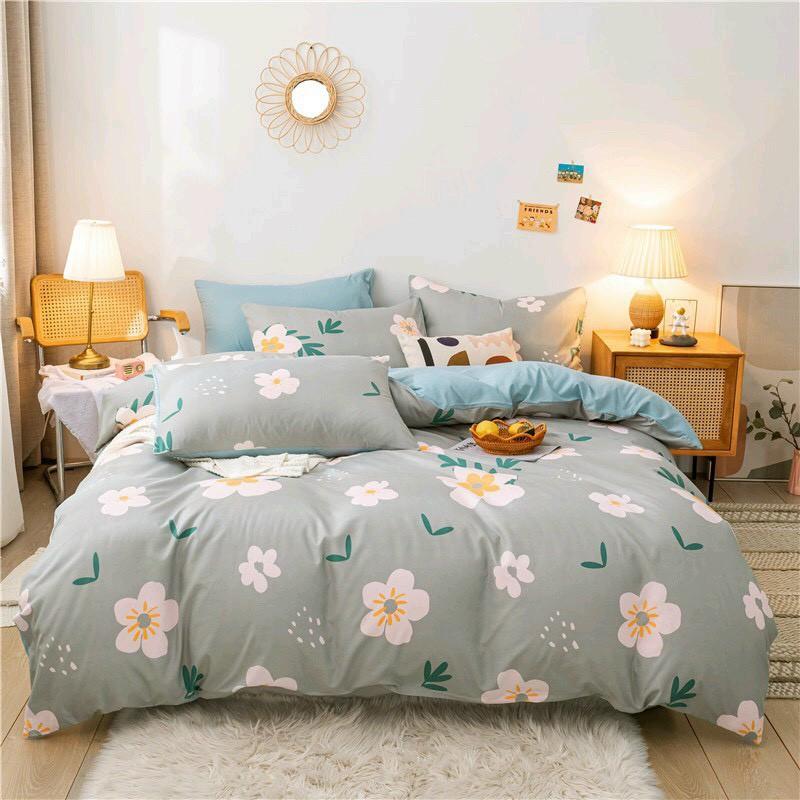 Bộ chăn ga Cotton Poly M2T bedding chăn ga Hàn Quốc Hoa trắng bạc đủ size miễn phí bo chun