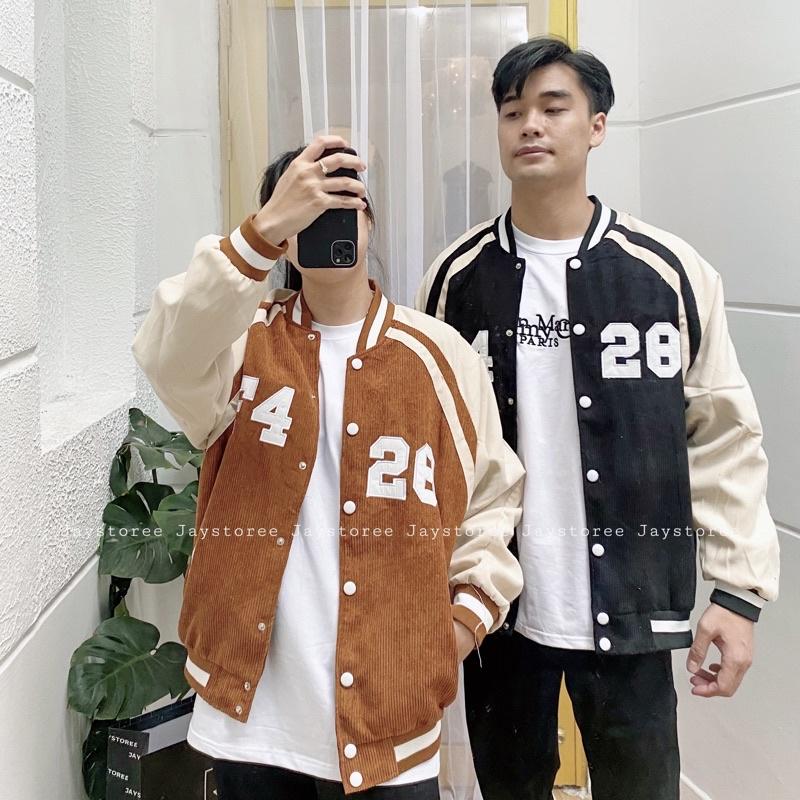 Áo Khoác Bomber F428 nhung gân 2 lớp màu ĐEN/XANH/NÂU/HỒNGchữ thêu tay phối  Jaystoree