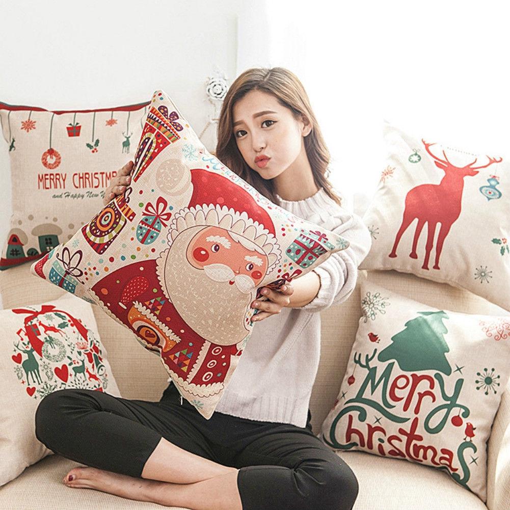 Áo gối bằng vải lanh họa tiết Merry Christmas 45cmx45cm