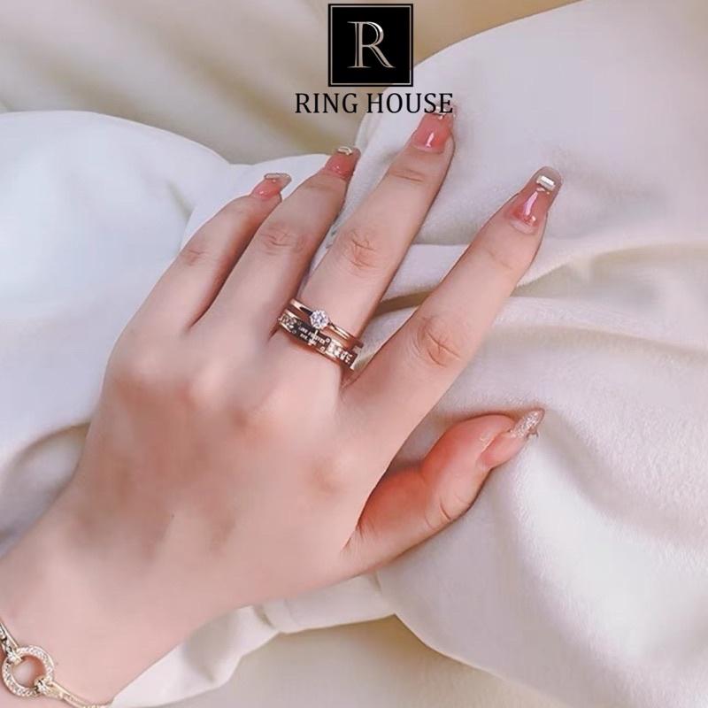 Nhẫn titan nam nữ hai vòng không đen vàng hồng đính ngọc đẹp Ring House