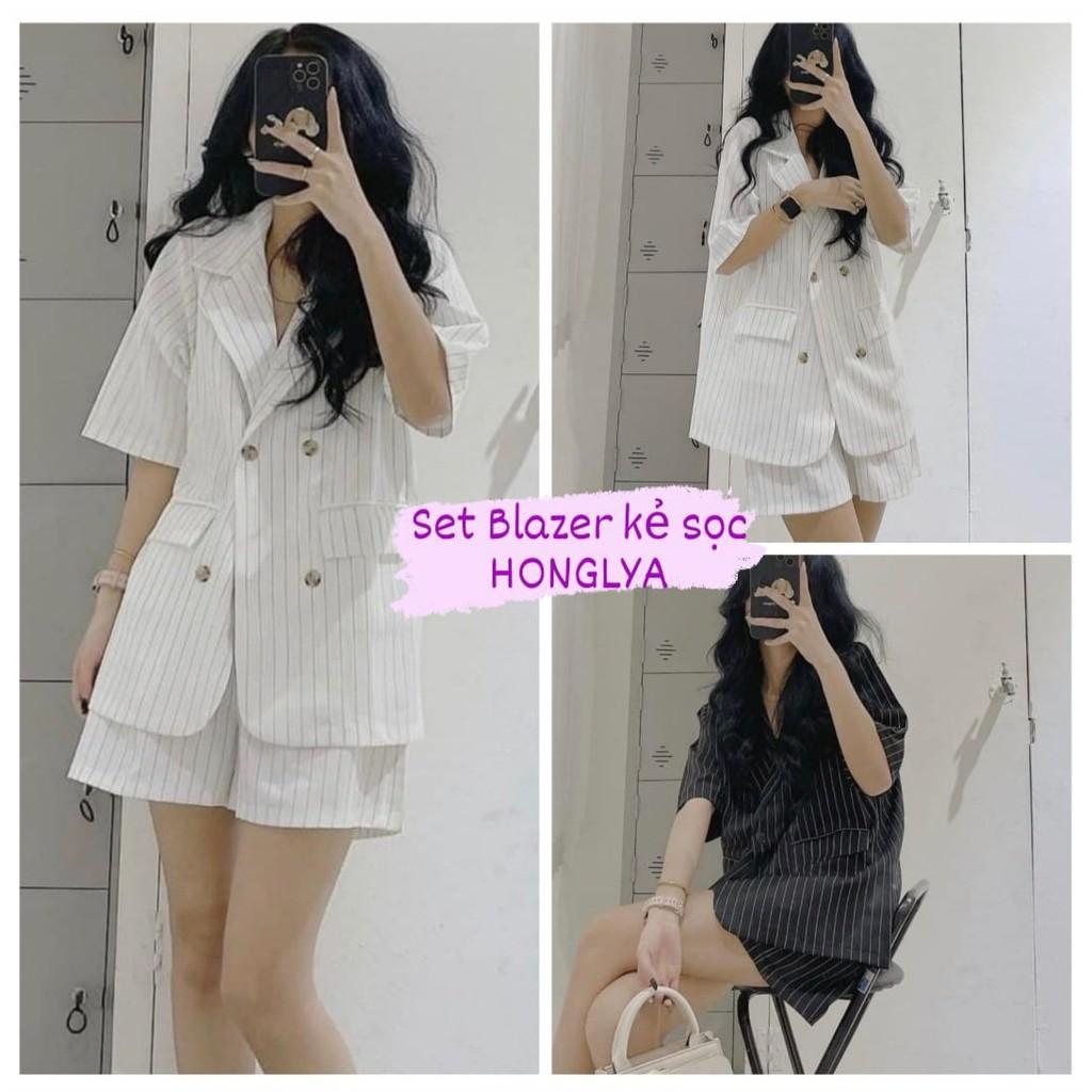 Set blazer kẻ sọc cho bạn nữ năng động hai màu đen - trắng