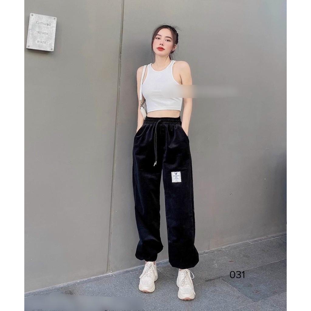 Quần jogger nỉ nhung tăm nữ bo gấu lưng thun dày dặn phom rộng basic 3 màu style ulzzang