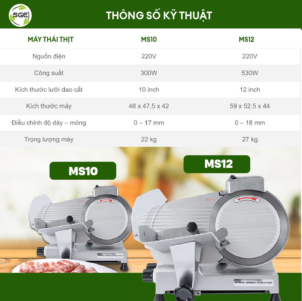 Máy thái thịt, thịt đông lạnh, thái rau củ bán tự động MS10, hàng chính hãng SGE Thailand. Phù hợp dùng cho nhà hàng, hộ kinh doanh thực phẩm, siêu thị.