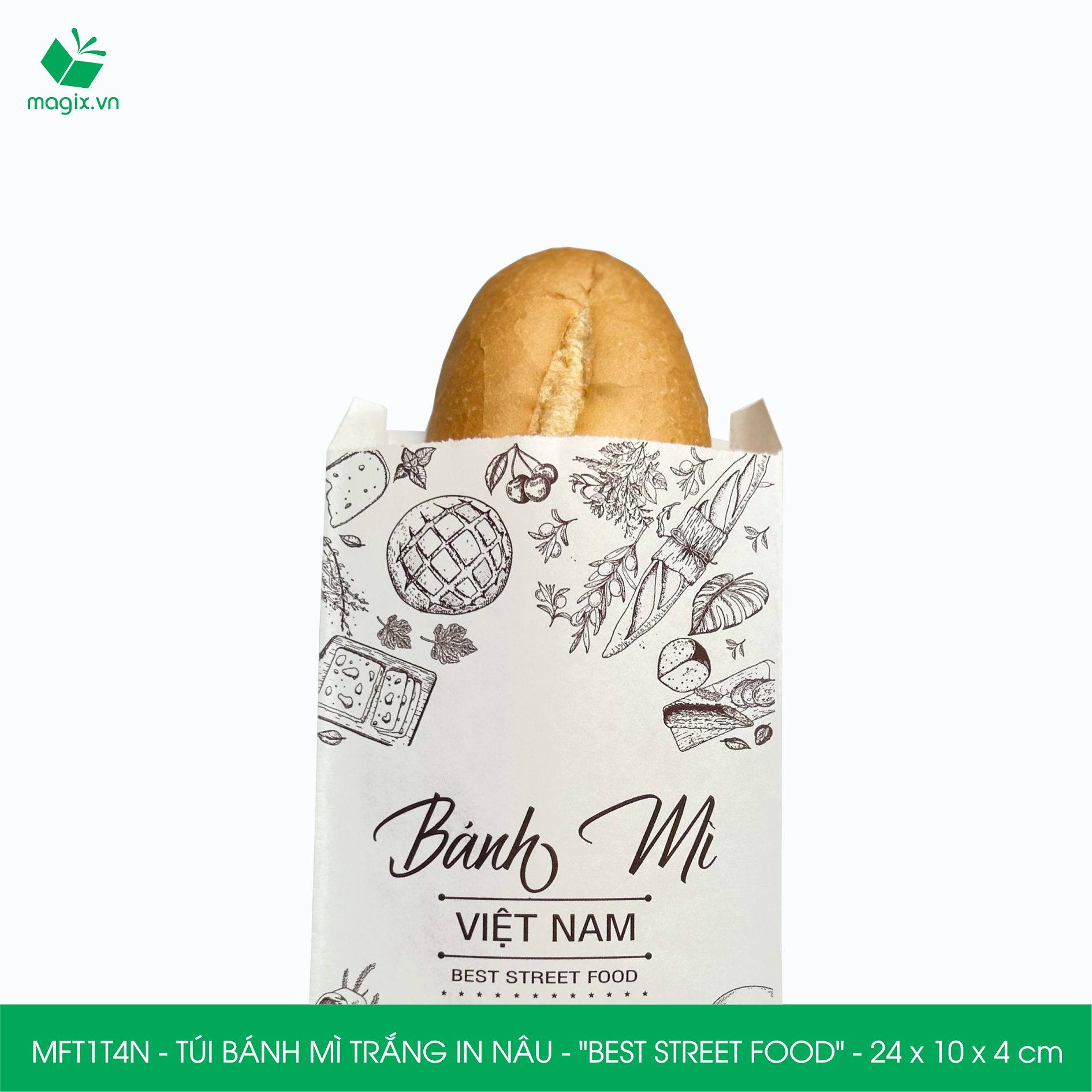 MFT1T4N - 24x10x4 cm - 100 Túi bánh mì Trắng, in sẵn họa tiết BEST STREET FOOD - Bao bánh mì Túi giấy thực phẩm an toàn