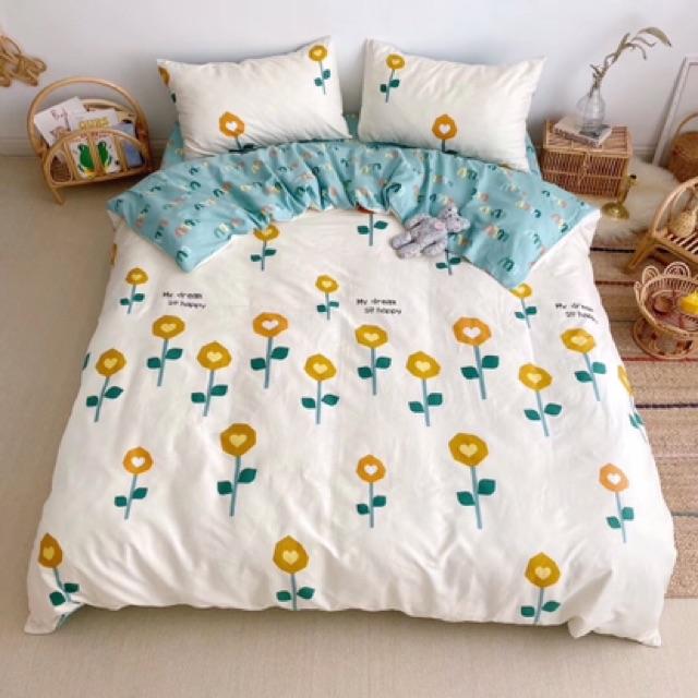 Set Cotton Living Hàn Quốc Hàng Nhập Khẩu Cao Cấp 4 Món Hoa tuylip vàng và thú