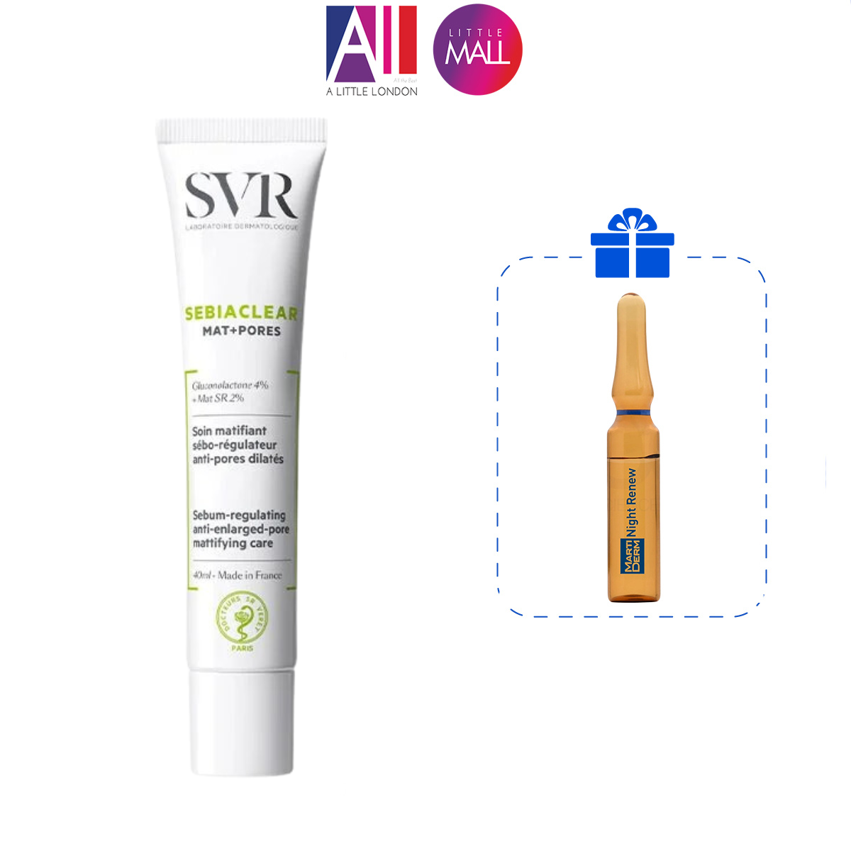Kem Dưỡng Da Làm Giảm Nhờn, Se Lỗ Chân Lông Svr Sebiaclear Mat Pores 40Ml Tặng Ampoule Chống Lão Hóa Martiderm Nhập Khẩu