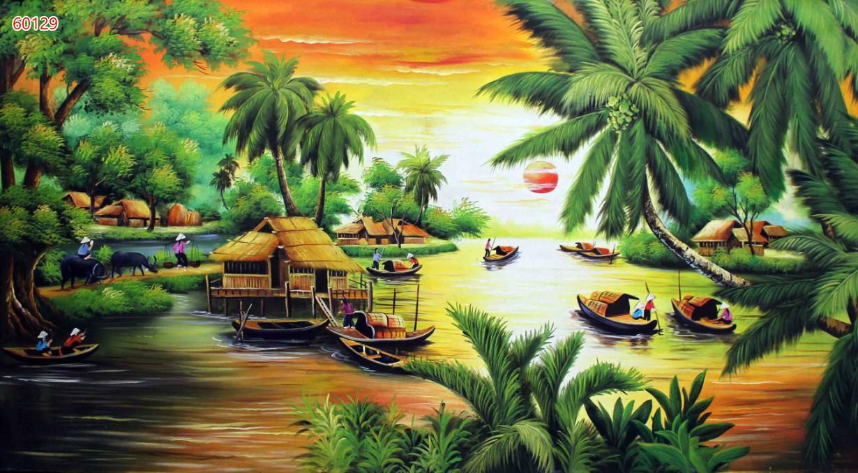 Tranh dán tường 3d dán trang trí phòng khách Đồng Quê Việt Nam-Decal PP Cán Bóng- Huyền Chi-Đặt theo kích thước yêu cầu