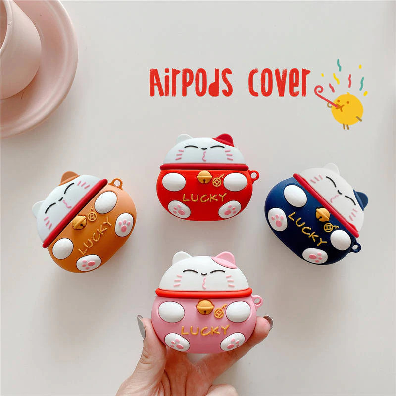 Bao case silicon chống sốc cho tai nghe Apple Airpods Pro kiểu dáng Mèo thần tài phiên bản Lucky đem lại may mắn cho người sử dụng (chống vân tay, chống bám bẩn, vật liệu cao cấp) - Hàng nhập khẩu