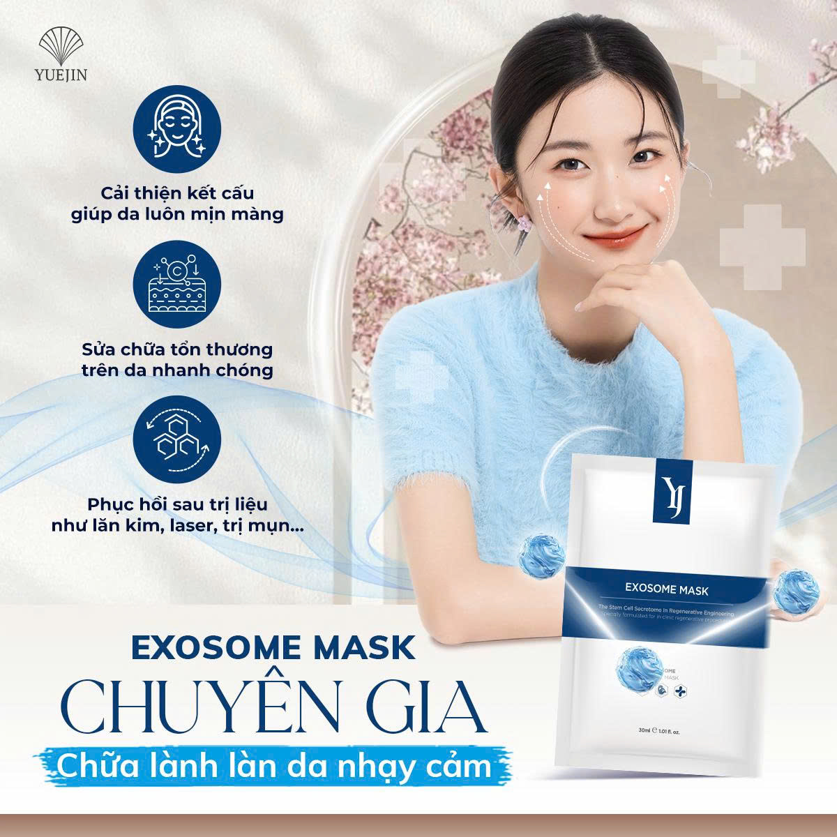 Mặt nạ tế bào gốc Exosome Cho Da Nhạy Cảm, Yuejin hộp 10 miếng, chống lão hóa, tăng cường độ đàn hồi