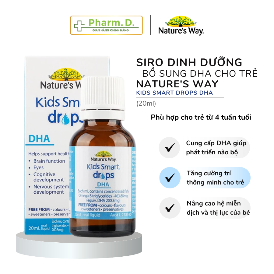 Siro Dinh Dưỡng NATURE'S WAY Kids Smart Drops DHA Bổ Sung DHA, EPA Cho Trẻ Em (20ml)