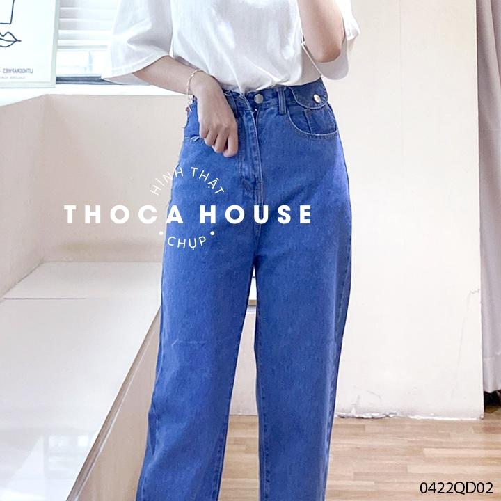 Quần jeans nữ baggy lai nấp lưng xanh đậm, nhạt THOCA HOUSE có size, thoải mái mặc đi làm, đi học cực xinh