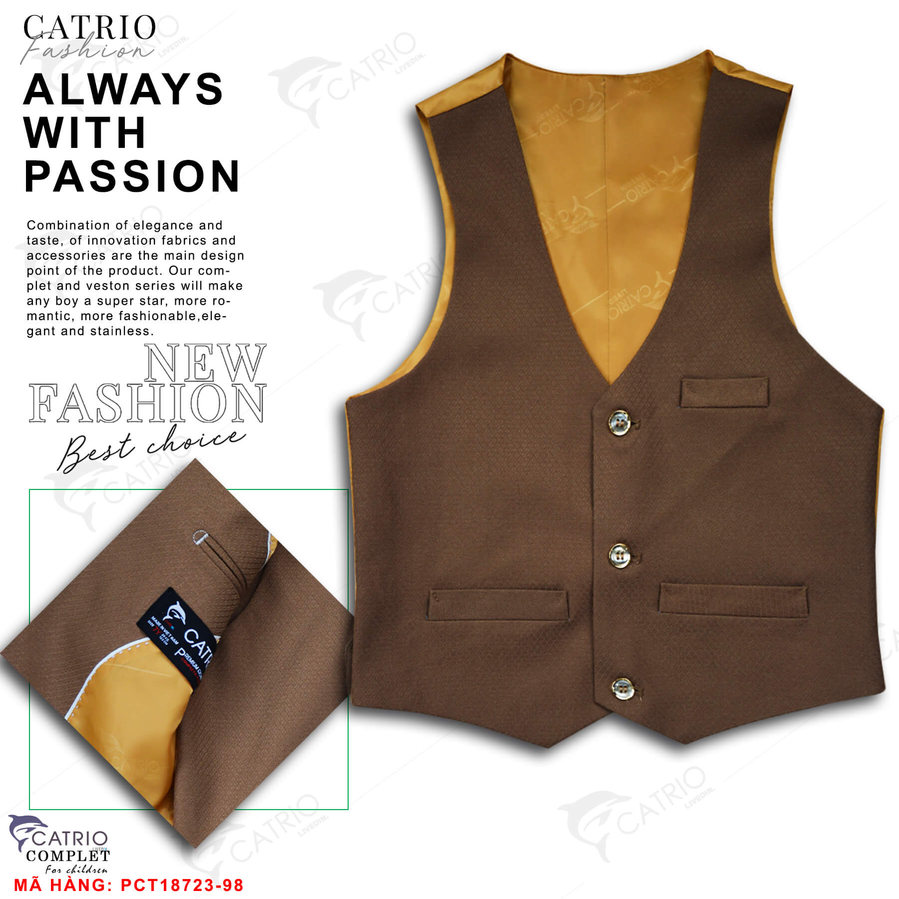 BỘ VEST BÉ TRAI CATRIO PCT18723/98 là bộ đồ suit trẻ em có 3 chi tiết: áo vest + quần dài +áo ghile gilet, được thiết kế tuyệt đẹp cho bé trai từ 2 tuổi (12kg) đến 12 tuổi (50kg) mặc trong các dịp lễ Tết, biểu diễn, hội nghị, tiệc cưới, sinh nhật, dạ hội