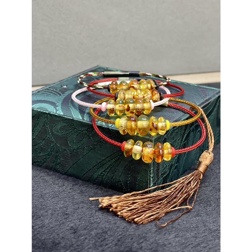 Vòng tay đồng điếu hổ phách hoa cooper mix dây cước kim loại Minh Tâm Jewelry
