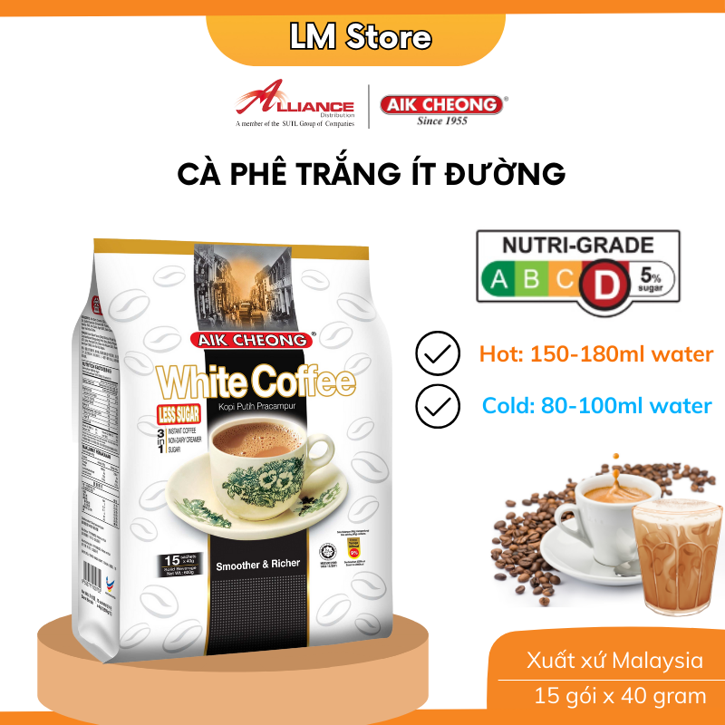 [Chính hãng]  Cà phê ít đường Aik Cheong White Coffee Less Sugar (15 gói x 40g) - Nhập khẩu từ Malaysia