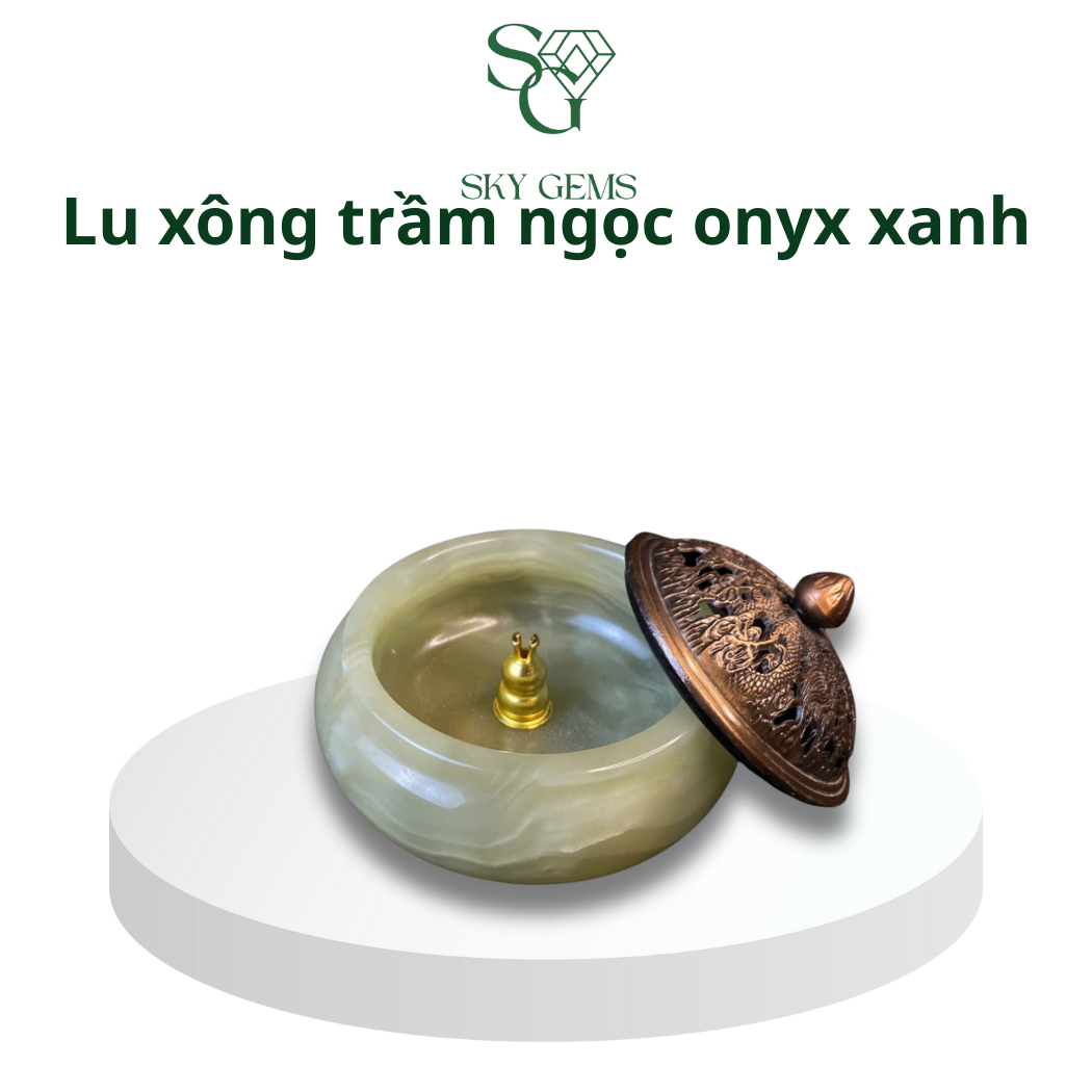 Lư Xông Trầm Ngọc Onyx Xanh và Trắng – Cao 7cm, Đường Kính 10cm – Khói Đẹp, Bền, Sang Trọng