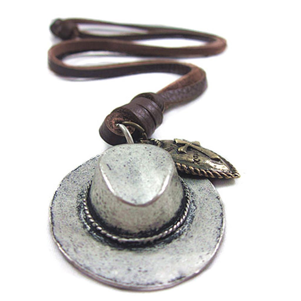 Mens Vintage Cowboy Hat Cross Heart Charm Pendant Leather Cord Necklace Punk