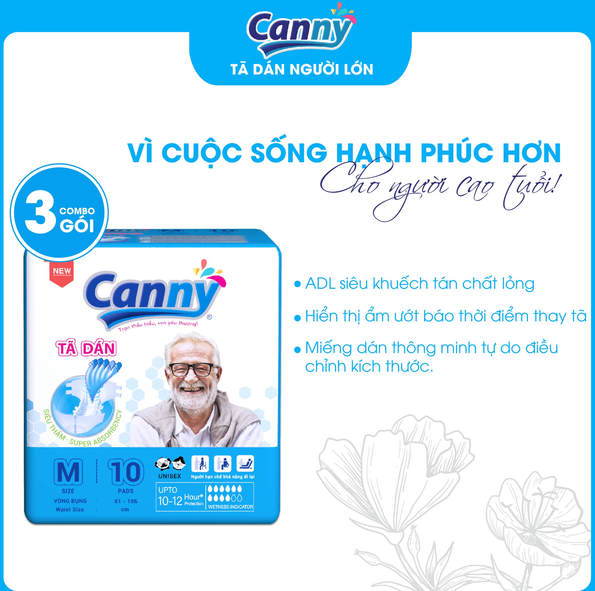 Combo 3 gói Tã Dán Người Lớn Canny Siêu Mềm, Siêu Thấm, Kháng Khuẩn Size M10, M/L10 (10miếng)