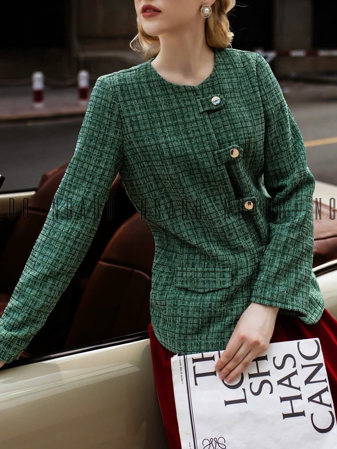 Set áo tweed xanh chân váy đỏ đô NGADO , set áo váy Nữ , set dự tiệc