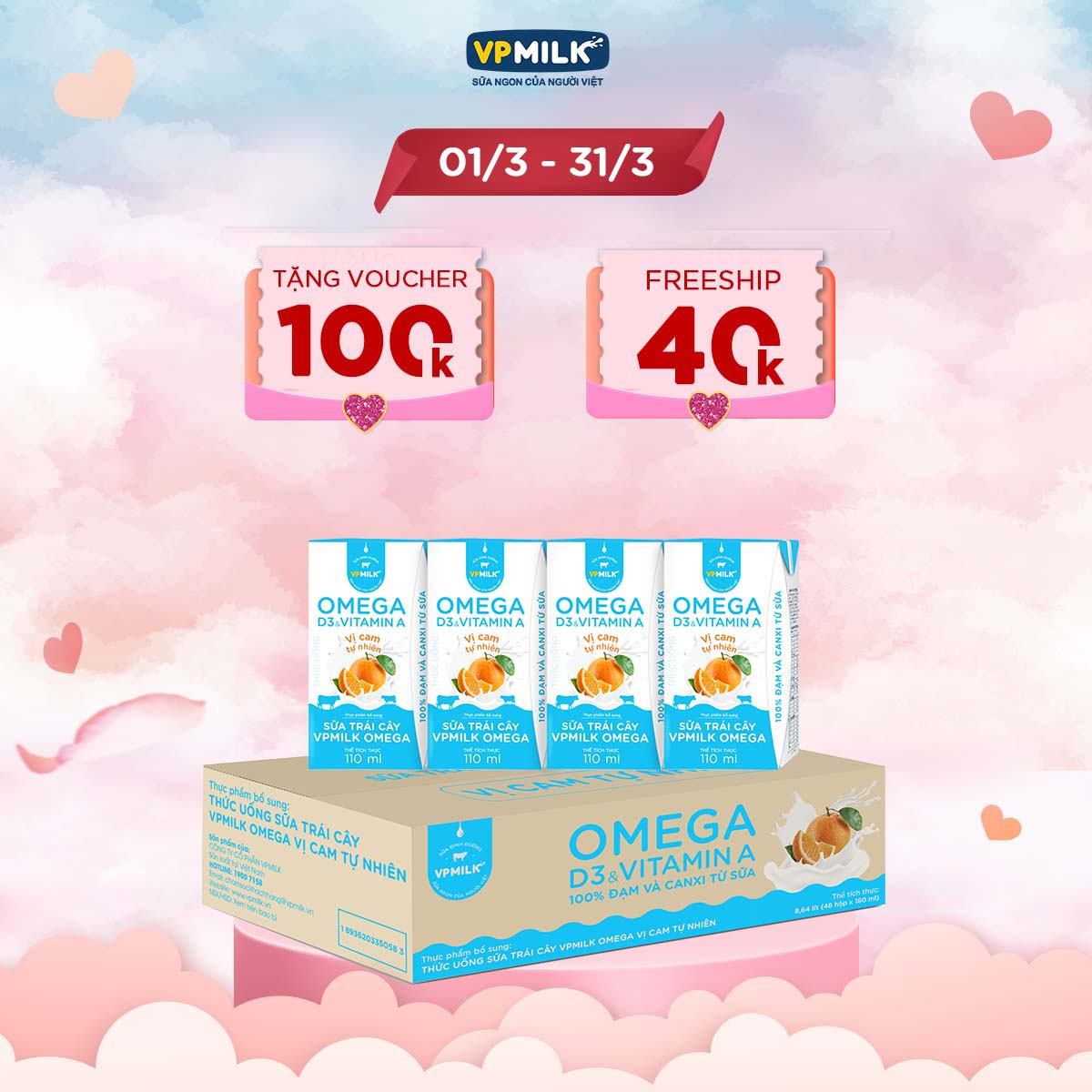 Sữa trái cây VPMILK Omega vị CAM tự nhiên cho bé trên 1 tuổi hộp 110ml (Thùng 48 hộp)