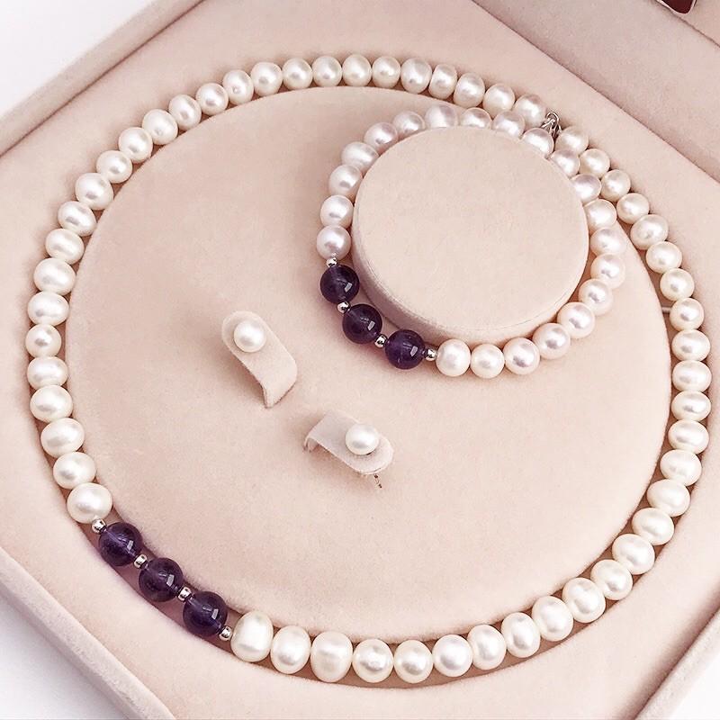 Bộ Trang Sức Trai Nước Ngọt Tự Nhiên 9 Ly Sáng Mix Đá Tím Sang Trọng - Trường Thịnh Ngọc Trai