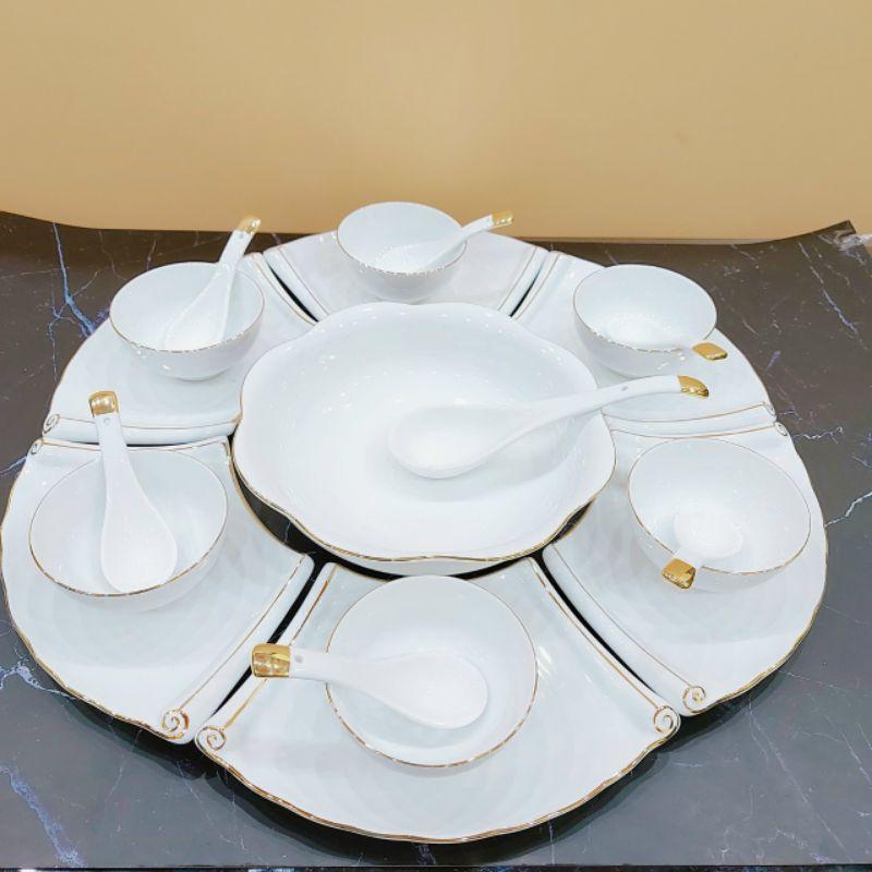 Bộ bát đĩa hoa mặt trời sứ trắng & trắng viền vàng kim