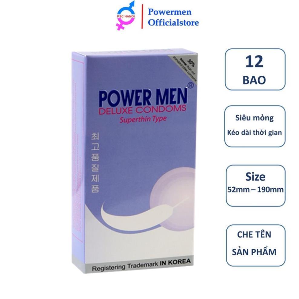 Bao cao su POWER MEN SUPERTHIN LONGER siêu mỏng chứa 5% benzocain kéo dài thời gian hộp 12 bao cao su