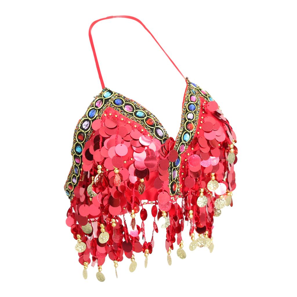 Womens Sparkling Belly Dance Bra Sequins Tassel Coins Top Samba Dancing Costume