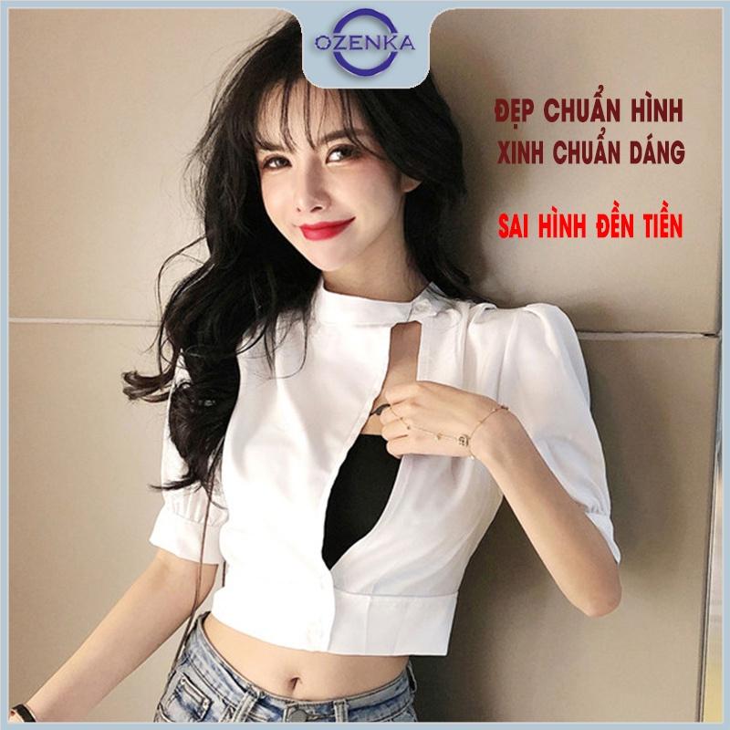 Áo croptop ôm nữ tay lỡ cổ cao cài khuy gợi cảm OZENKA , crt kiểu hàn quốc thun 100% cotton tự nhiên đen trắng dưới 55kg