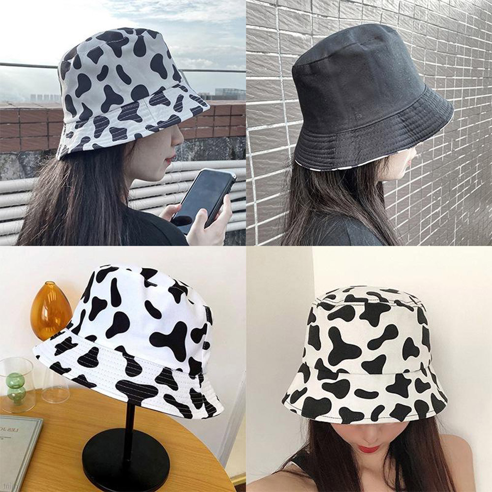 Mũ rộng vành chống nắng đội được 2 mặt họa tiết bò sữa & đen trơn thời trang - Hạnh Dương