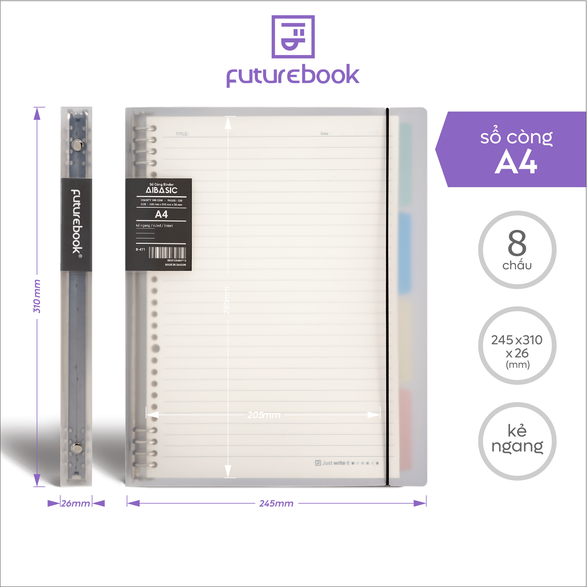 Sổ còng binder 8 chấu Aibasic A5 A4 B5, kèm ruột giấy refill, làm sổ tay planner ,phong cách hàn quốc FUTUREBOOK - A4 - Kẻ Ngang