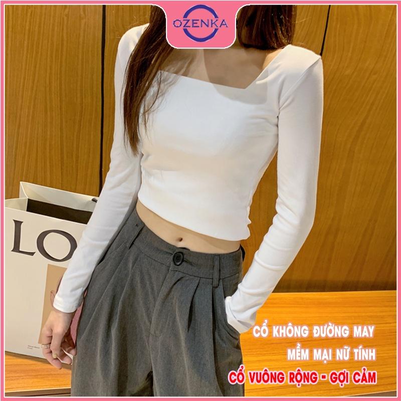 Áo croptop tay dài cổ vuông ôm nữ , crt thun gân 100% cotton màu trơn đen trắng free size dưới 52 kg